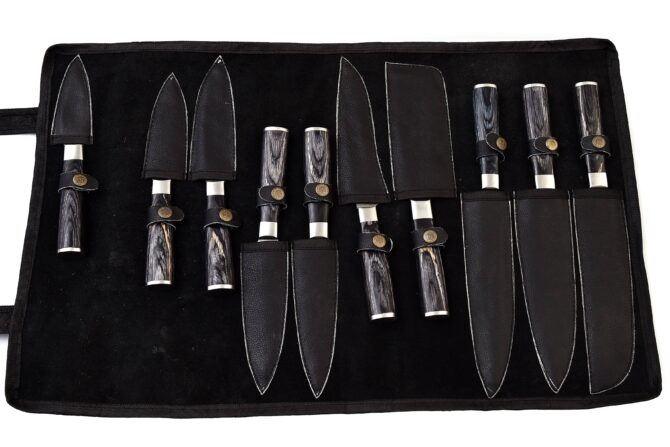 10-Piece Professional Hand Forged Damascus Steel Chef Knife Set with Leather Roll Bag