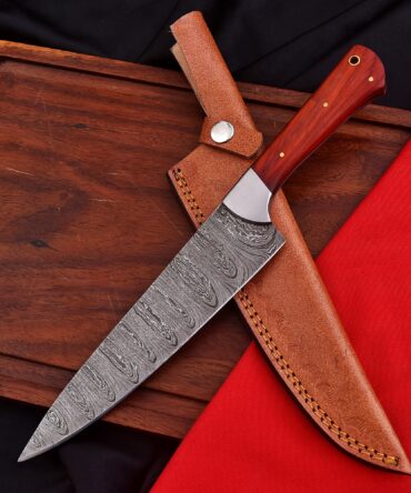 Hand-Forged Damascus Steel Chef Knife - Red Padauk Wood Handle & Stainless Bolster