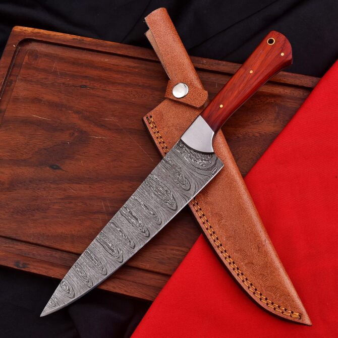 Hand-Forged Damascus Steel Chef Knife - Red Padauk Wood Handle & Stainless Bolster
