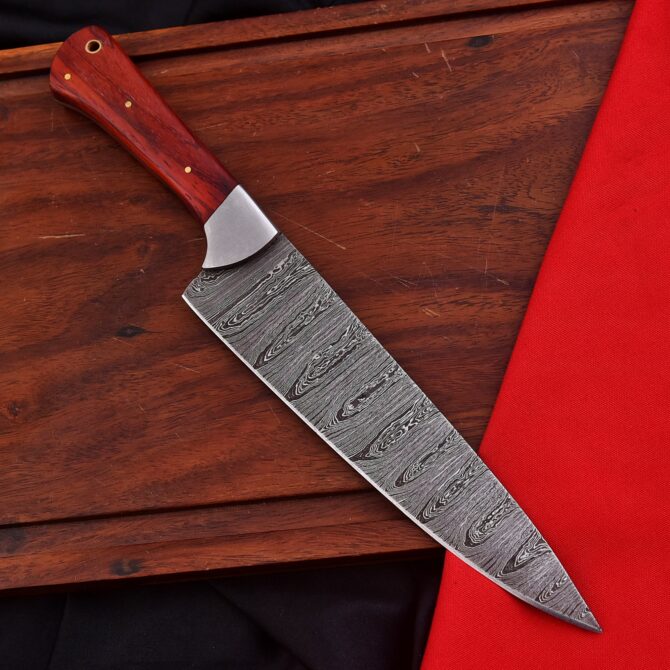 Hand-Forged Damascus Steel Chef Knife - Red Padauk Wood Handle & Stainless Bolster