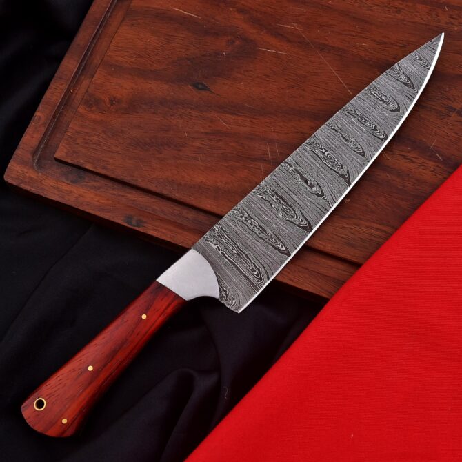 Hand-Forged Damascus Steel Chef Knife - Red Padauk Wood Handle & Stainless Bolster