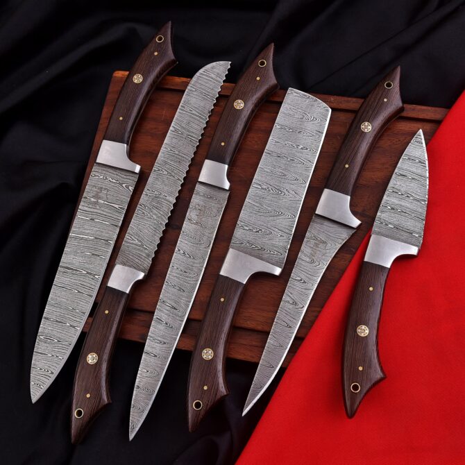 Hand Forged Damascus Steel Chef Knife Set with Wenge Wood Handles & Leather Roll Bag