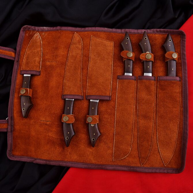 Hand Forged Damascus Steel Chef Knife Set with Wenge Wood Handles & Leather Roll Bag