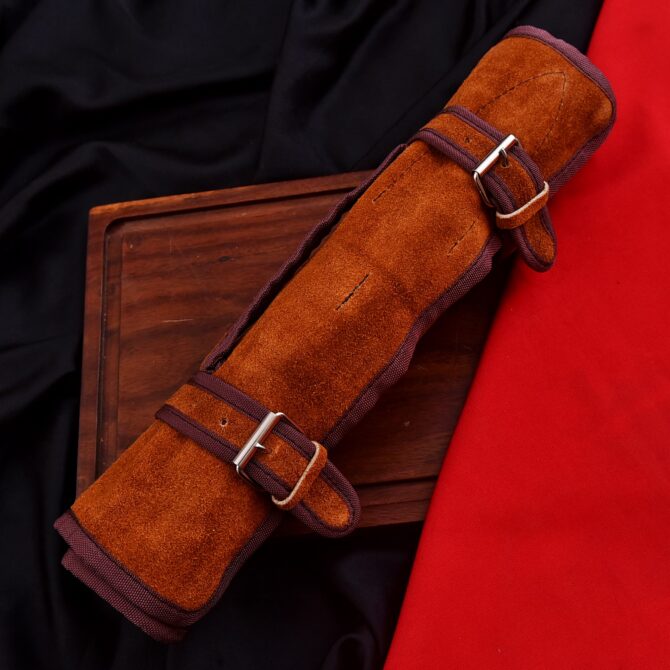 Hand Forged Damascus Steel Chef Knife Set with Wenge Wood Handles & Leather Roll Bag