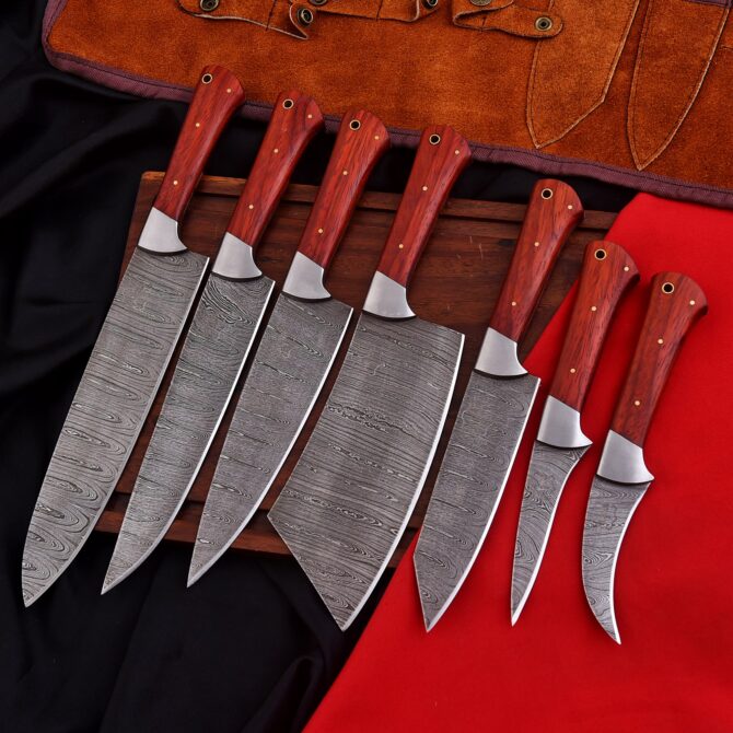 Premium 7-Piece Damascus Steel Chef Knife Set – Red Padauk Handles & Stainless Bolsters