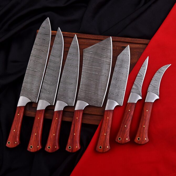 Premium 7-Piece Damascus Steel Chef Knife Set – Red Padauk Handles & Stainless Bolsters
