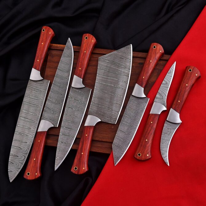 Premium 7-Piece Damascus Steel Chef Knife Set – Red Padauk Handles & Stainless Bolsters