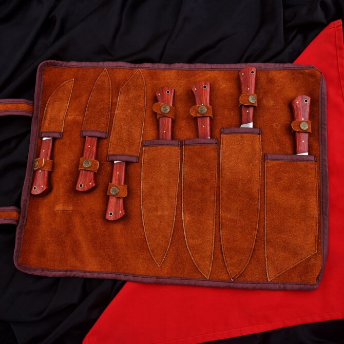 Premium 7-Piece Damascus Steel Chef Knife Set – Red Padauk Handles & Stainless Bolsters
