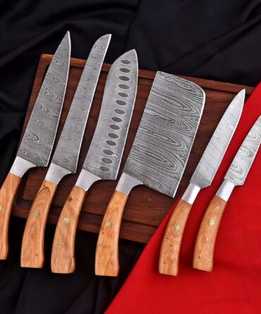 6-Piece Hand Forged Damascus Steel Chef Knife Set with Olive Wood Handles & Leather Roll Bag