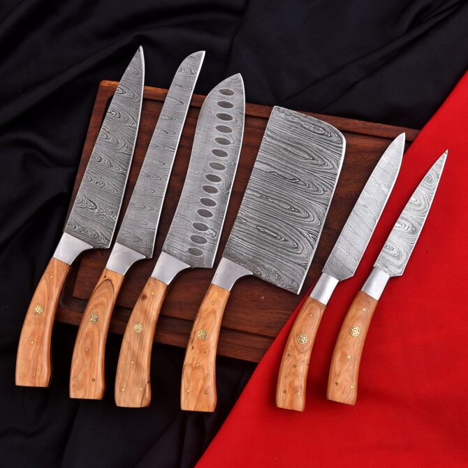6-Piece Hand Forged Damascus Steel Chef Knife Set with Olive Wood Handles & Leather Roll Bag