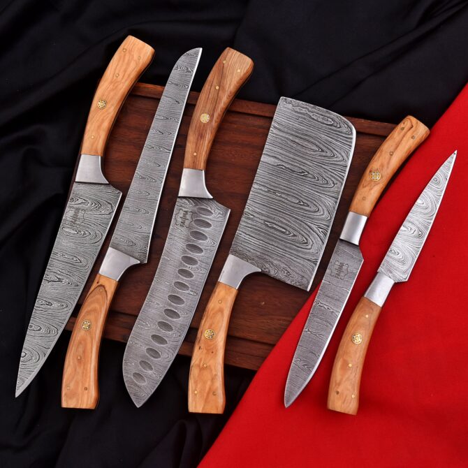 6-Piece Hand Forged Damascus Steel Chef Knife Set with Olive Wood Handles & Leather Roll Bag