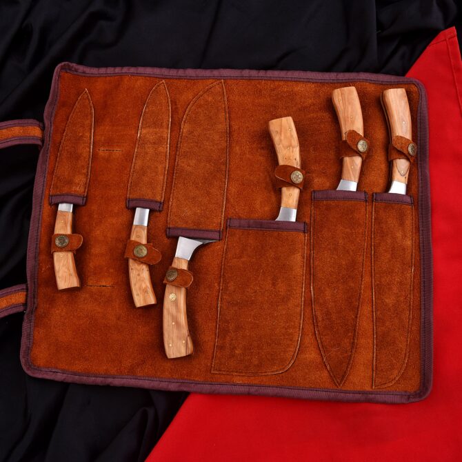 6-Piece Hand Forged Damascus Steel Chef Knife Set with Olive Wood Handles & Leather Roll Bag