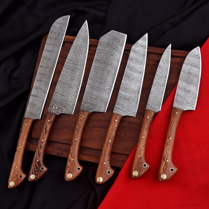 6-Piece Hand Forged Damascus Steel Chef Knife Set with Natural Wood Handles