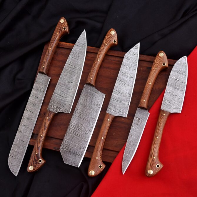 6-Piece Hand Forged Damascus Steel Chef Knife Set with Natural Wood Handles