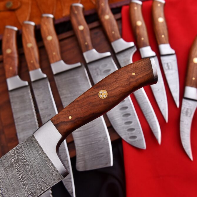 9-Piece Damascus Steel Chef Knife Set – White Wenge Wood Handle with Premium Leather Roll Bag