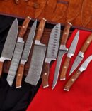 9-Piece Damascus Steel Chef Knife Set – White Wenge Wood Handle with Premium Leather Roll Bag