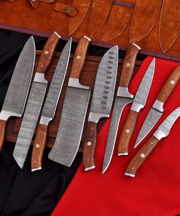 9-Piece Damascus Steel Chef Knife Set – White Wenge Wood Handle with Premium Leather Roll Bag