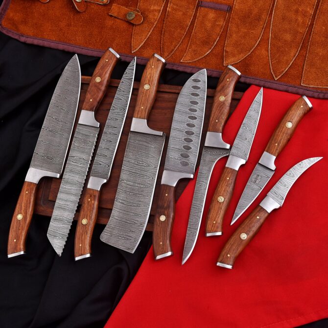 9-Piece Damascus Steel Chef Knife Set – White Wenge Wood Handle with Premium Leather Roll Bag