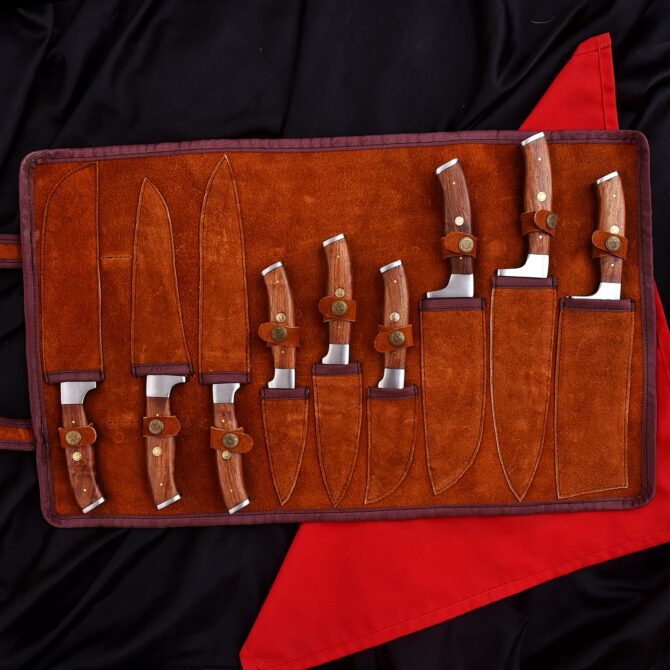 9-Piece Damascus Steel Chef Knife Set – White Wenge Wood Handle with Premium Leather Roll Bag