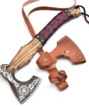 Hand-Forged Viking Bearded Axe with Leather Wrap Handle & Norse Engravings