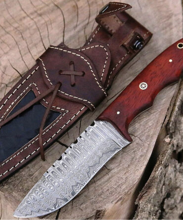 Handmade Damascus Steel Hunting Knife with Red Padauk Wood Handle & Leather Sheath
