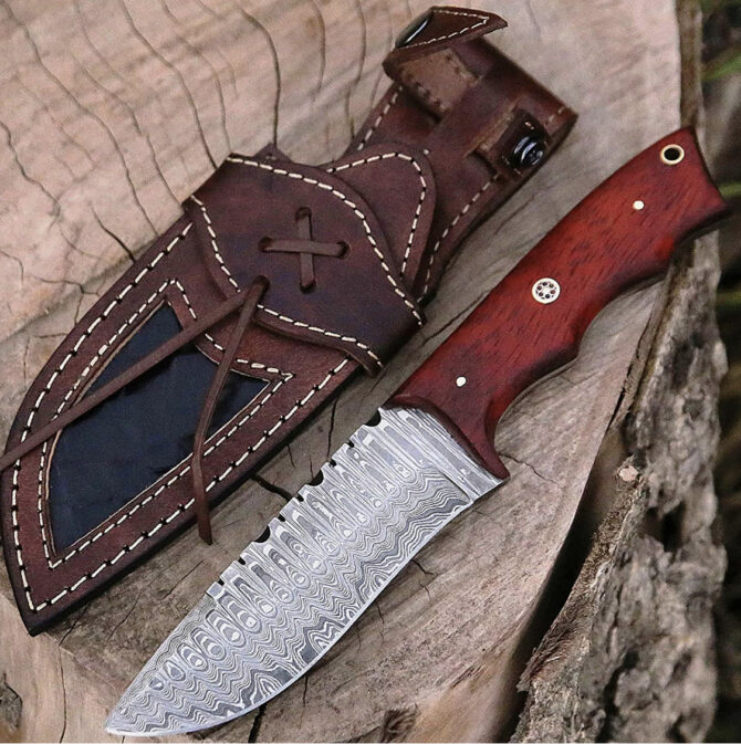 Handmade Damascus Steel Hunting Knife with Red Padauk Wood Handle & Leather Sheath