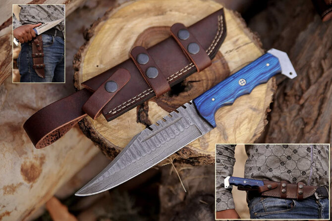 Handmade Damascus Hunting Knife with Blue wood Handle