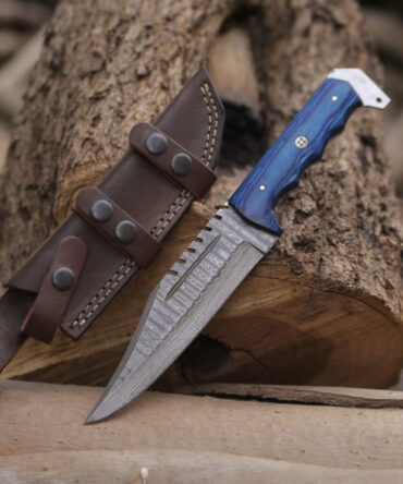 Handmade Damascus Hunting Knife with Blue wood Handle