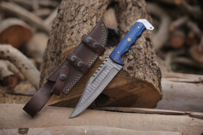 Handmade Damascus Hunting Knife with Blue wood Handle