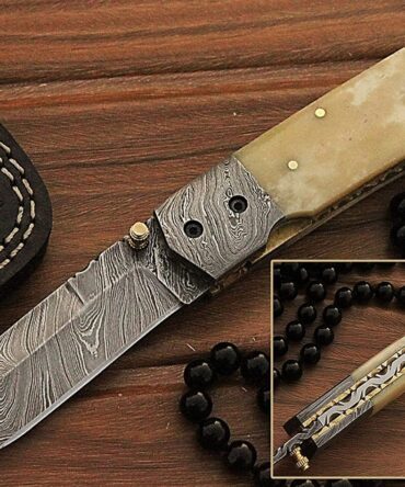 Hand-Forged Damascus Folding Pocket Knife - Genuine Bone Handle EDC with Leather Sheath