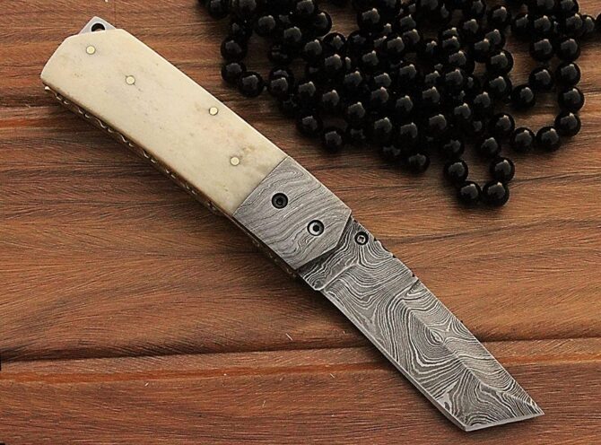 Hand-Forged Damascus Folding Pocket Knife - Genuine Bone Handle EDC with Leather Sheath
