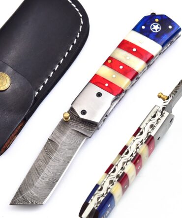 Hand Forged Damascus Steel Folding Knife with American Flag Handle
