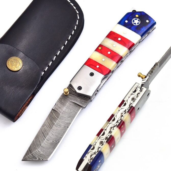 Hand Forged Damascus Steel Folding Knife with American Flag Handle