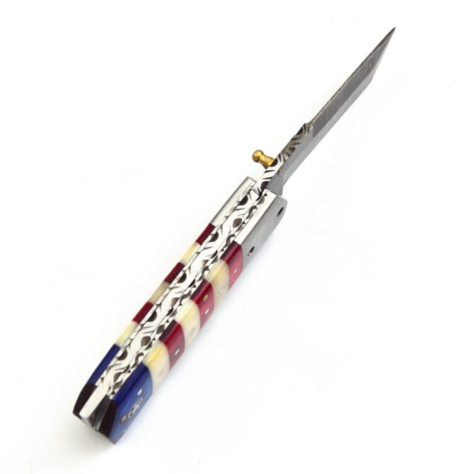 Hand Forged Damascus Steel Folding Knife with American Flag Handle