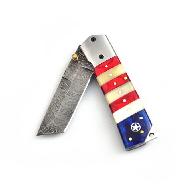 Hand Forged Damascus Steel Folding Knife with American Flag Handle