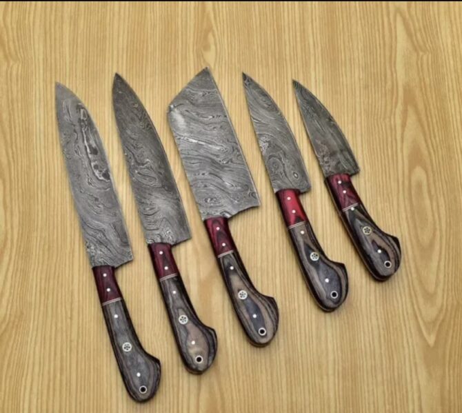 5-Piece Hand Forged Damascus Steel Kitchen Knife Set with Leather Roll Bag