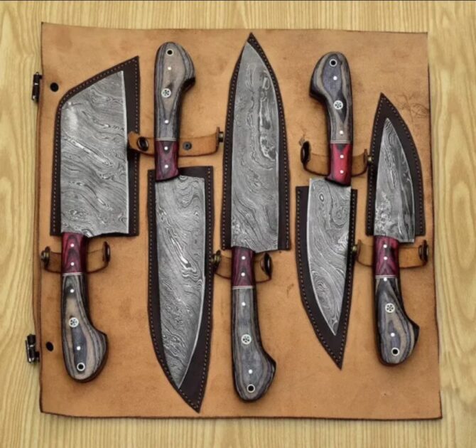 5-Piece Hand Forged Damascus Steel Kitchen Knife Set with Leather Roll Bag