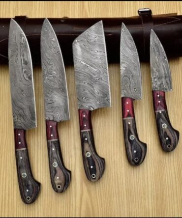 5-Piece Hand Forged Damascus Steel Kitchen Knife Set with Leather Roll Bag