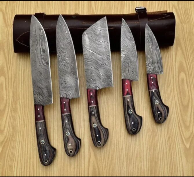 5-Piece Hand Forged Damascus Steel Kitchen Knife Set with Leather Roll Bag