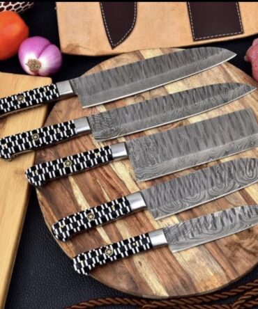 5-Piece Hand Forged Damascus Steel Kitchen Knife Set with Black & White Checkered Resin Handles