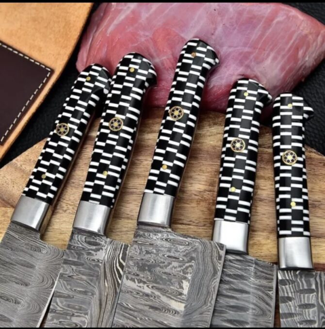 5-Piece Hand Forged Damascus Steel Kitchen Knife Set with Black & White Checkered Resin Handles