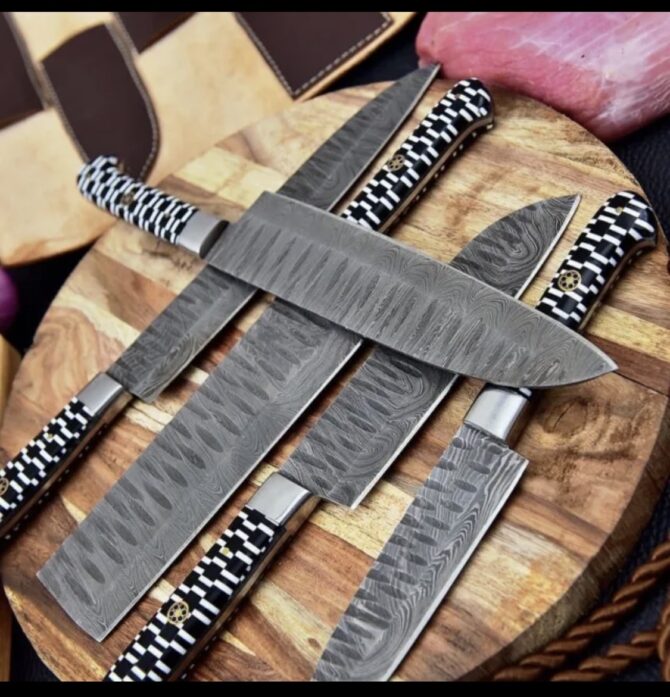 5-Piece Hand Forged Damascus Steel Kitchen Knife Set with Black & White Checkered Resin Handles