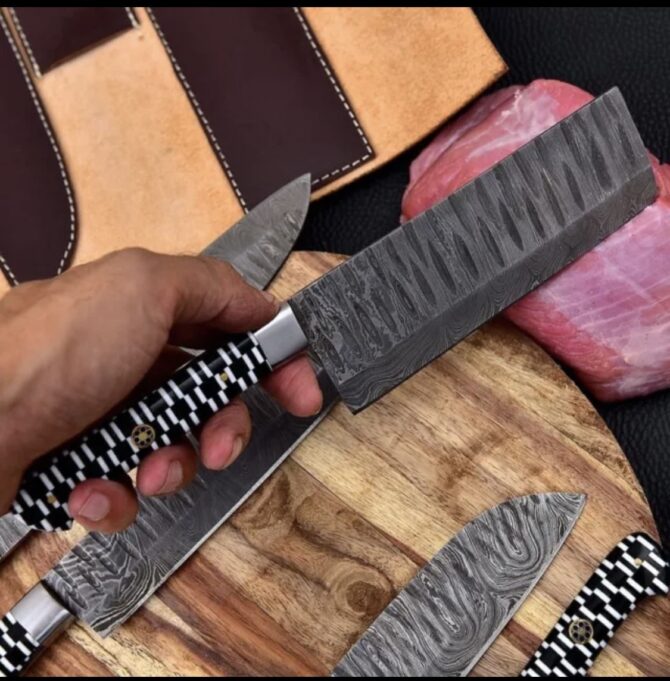 5-Piece Hand Forged Damascus Steel Kitchen Knife Set with Black & White Checkered Resin Handles