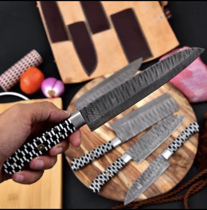 5-Piece Hand Forged Damascus Steel Kitchen Knife Set with Black & White Checkered Resin Handles
