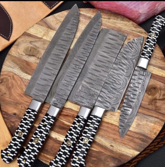 5-Piece Hand Forged Damascus Steel Kitchen Knife Set with Black & White Checkered Resin Handles