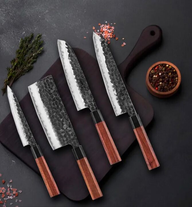 4-Piece Hand Forged D2 Steel Chef Knife Set with Walnut Wood Handles & Leather Roll Bag