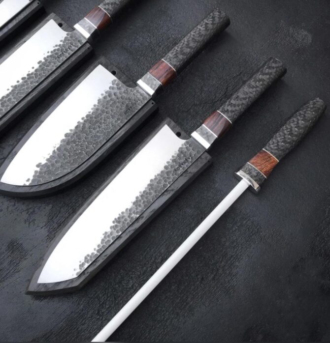 5-Piece Hand Forged D2 Steel Chef Knife Set with Black Wood Handles & Leather Roll Bag