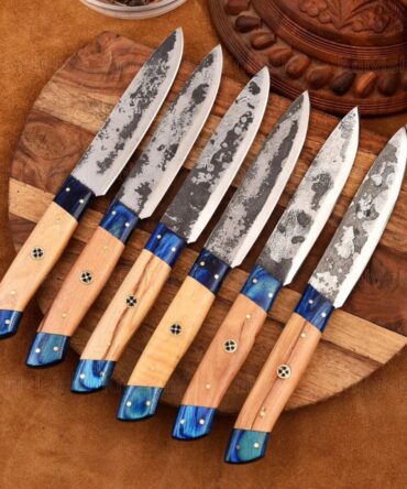 6-Piece Hand Forged D2 Steel Chef Knife Set with Olive Wood & Blue Wood Handles