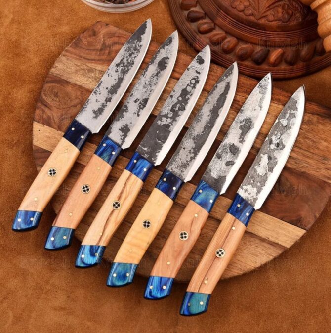 6-Piece Hand Forged D2 Steel Chef Knife Set with Olive Wood & Blue Wood Handles