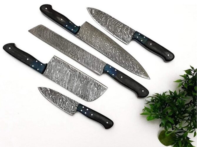 5-Piece Hand Forged Damascus Steel Chef Knife Set with Leather Roll Bag